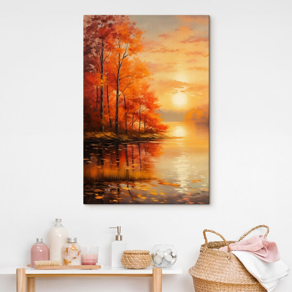 Painting of a lake with trees and orange leaves Painting of a lake with trees and orange leaves