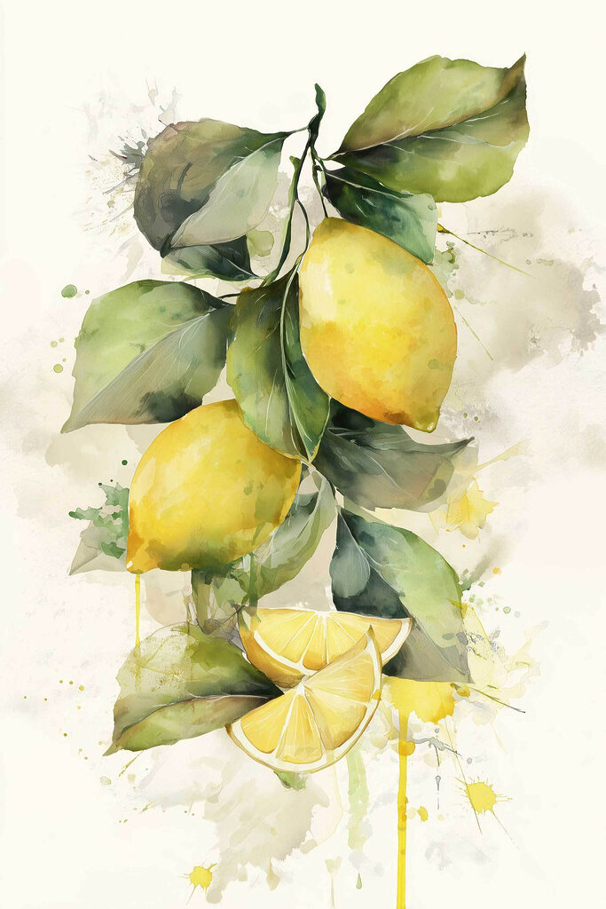 Akvarelová malba citronů a listů Akvarelová malba citronů a listů