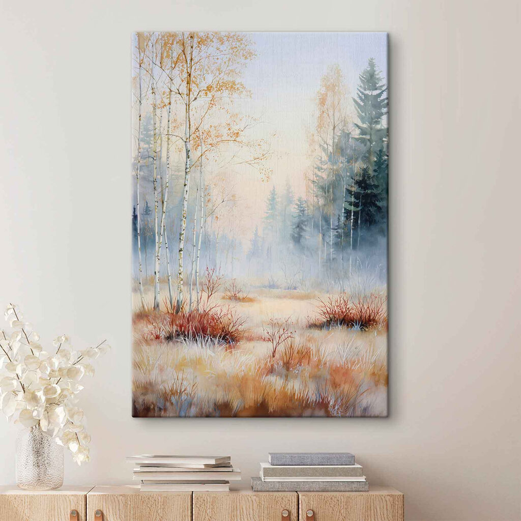 Painting of a forest with fog