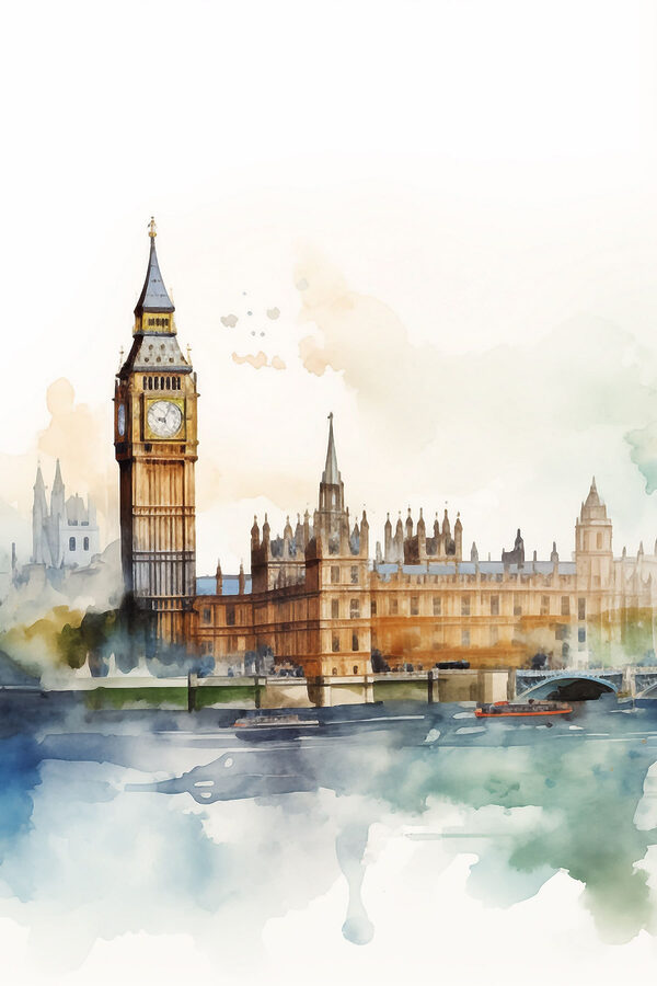 Watercolor of a building with a clock tower