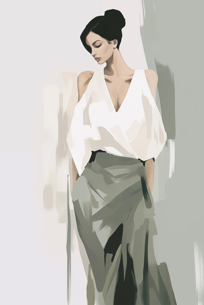 Woman in a white shirt and green skirt Woman in a white shirt and green skirt