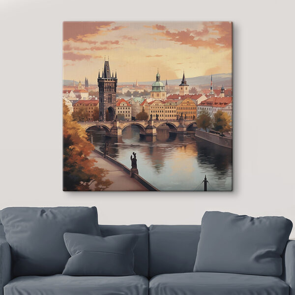 Obraz Obraz Most přes řeku s mostem a sochou (Katalogové číslo: s47897)