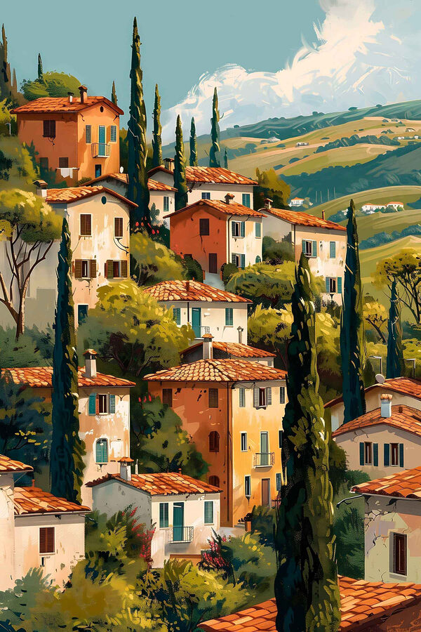 Group of houses with trees and hills in the background