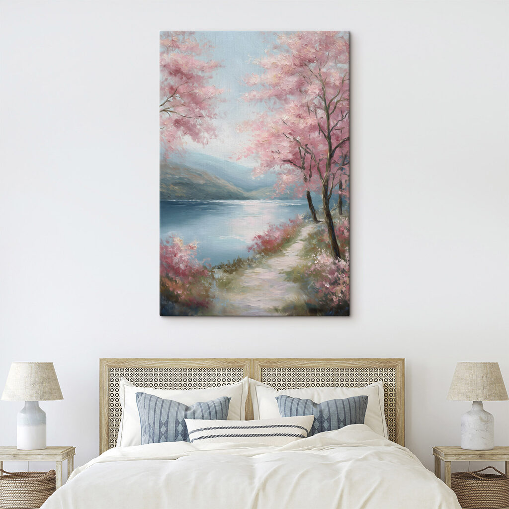 Painting of a lake with pink trees and mountains