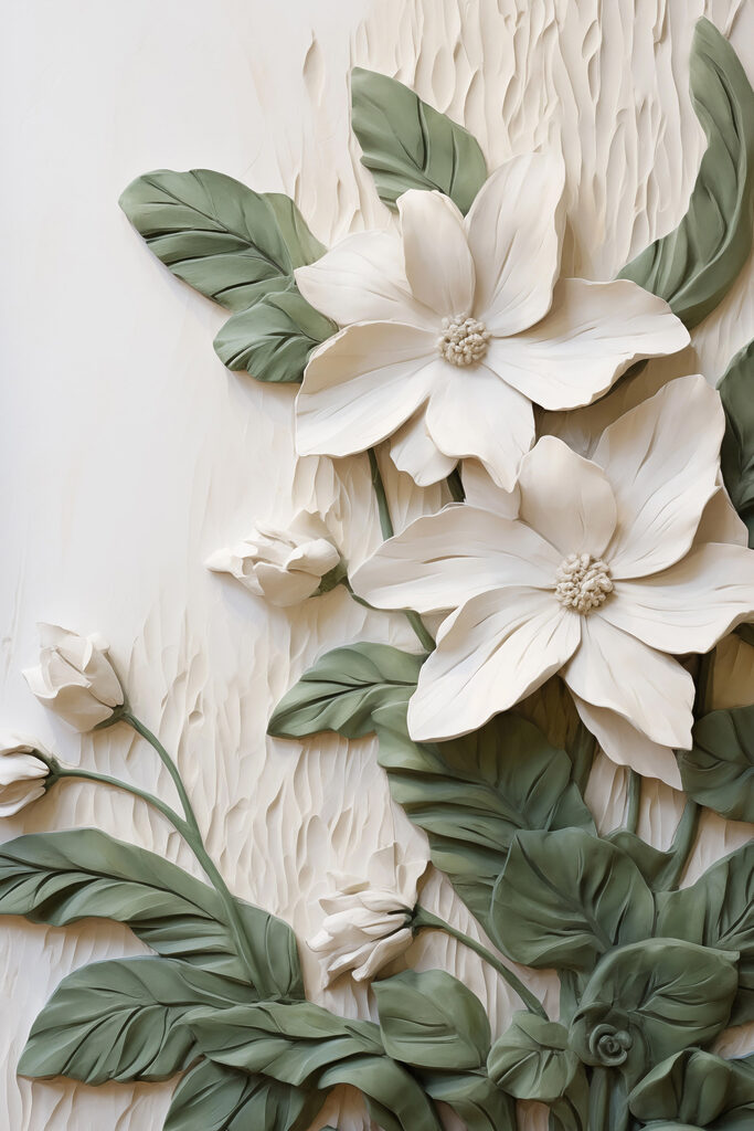 White flowers and leaves on a white surface