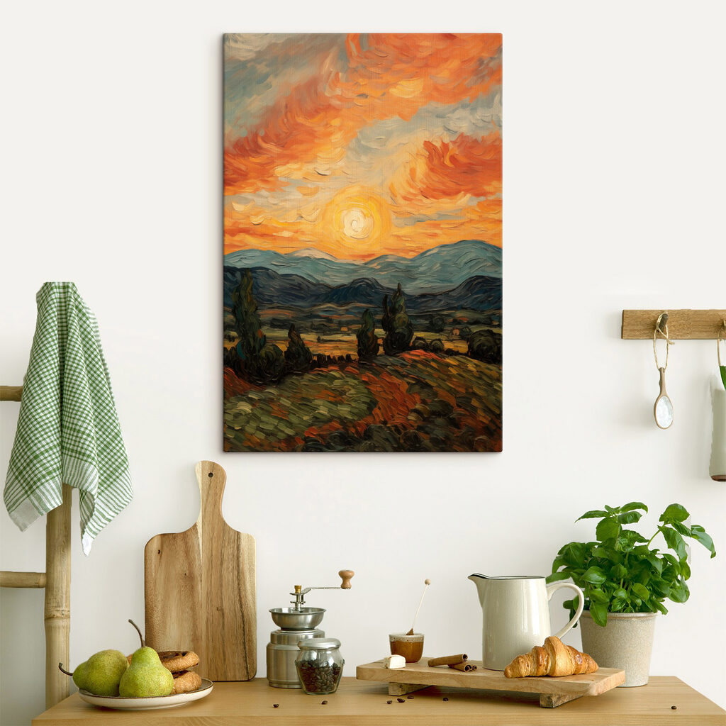 Painting of a landscape with trees and mountains