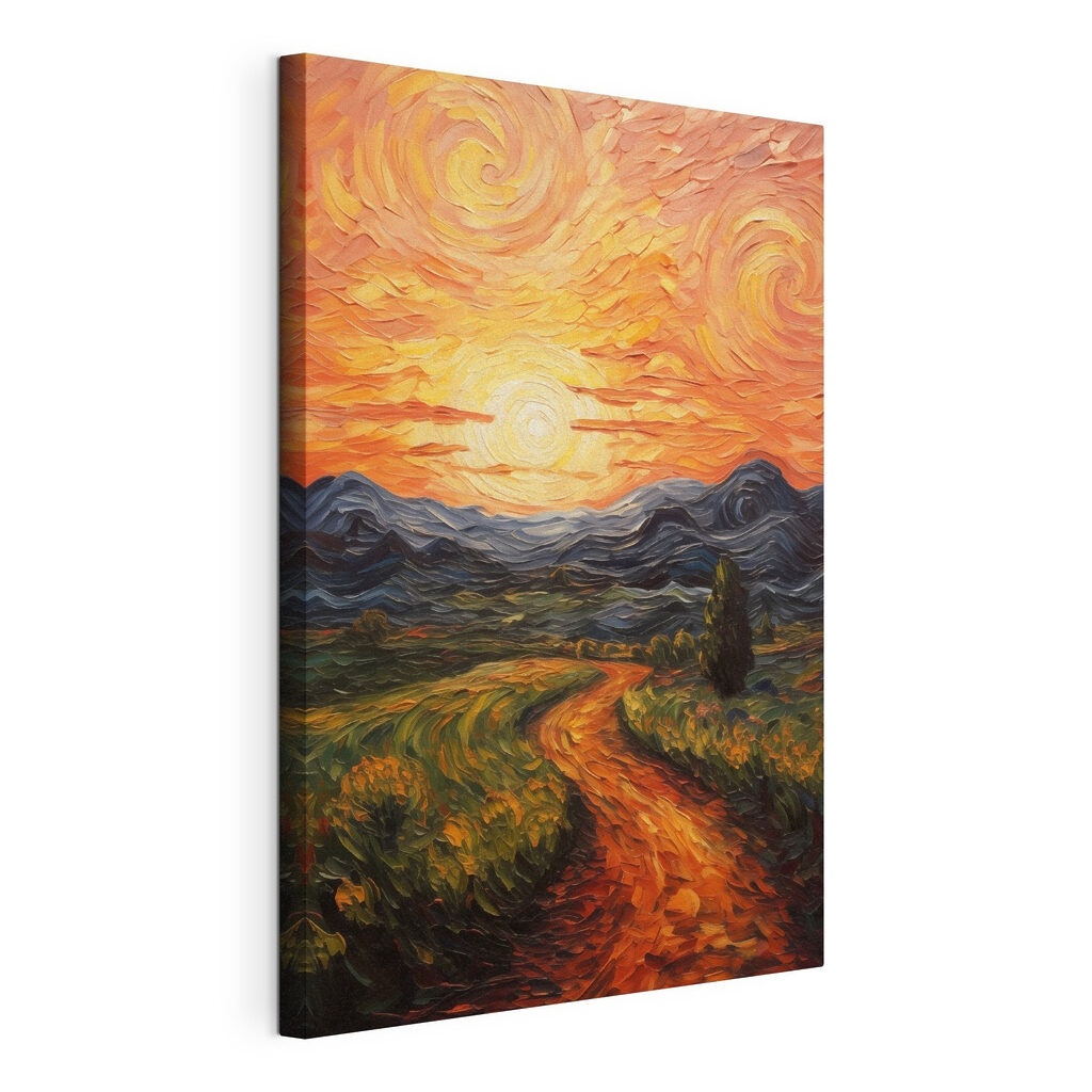 Painting of a road through a field with mountains and sun