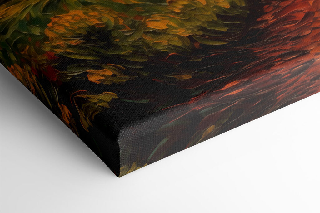 Painting of a road through a field with mountains and sun