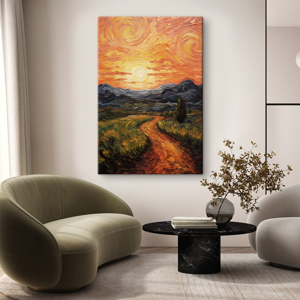 Painting of a road through a field with mountains and sun