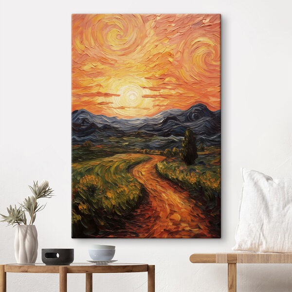 Painting of a road through a field with mountains and sun