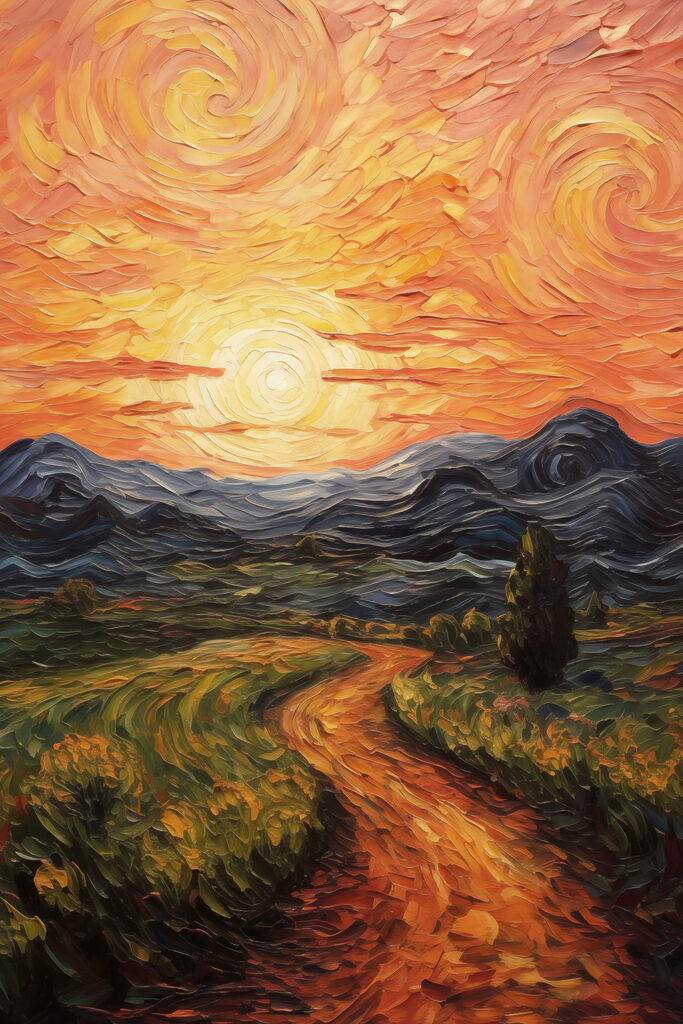 Painting of a road through a field with mountains and sun