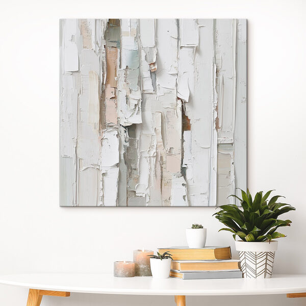 White painted wood with torn pieces of paper