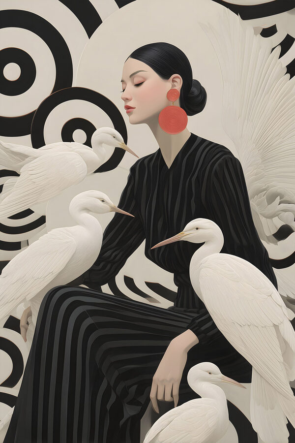 Woman sitting with white birds