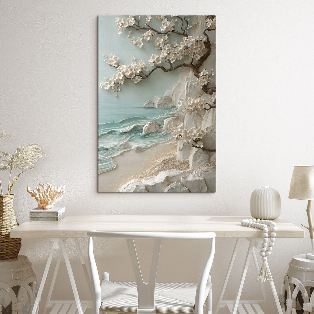Tree with white flowers on a beach