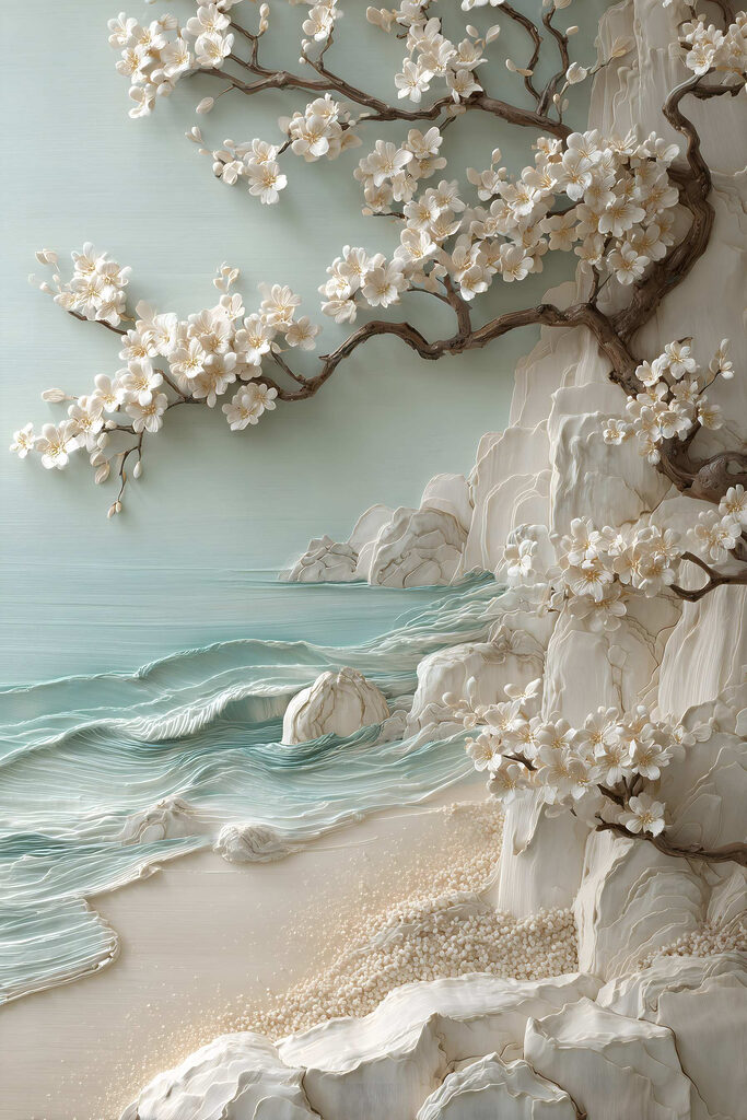 Tree with white flowers on a beach
