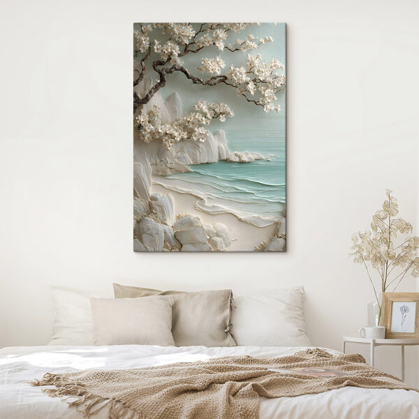 Painting of a beach with white flowers and a tree