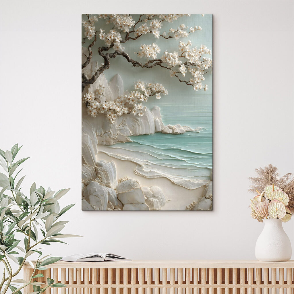 Painting of a beach with white flowers and a tree