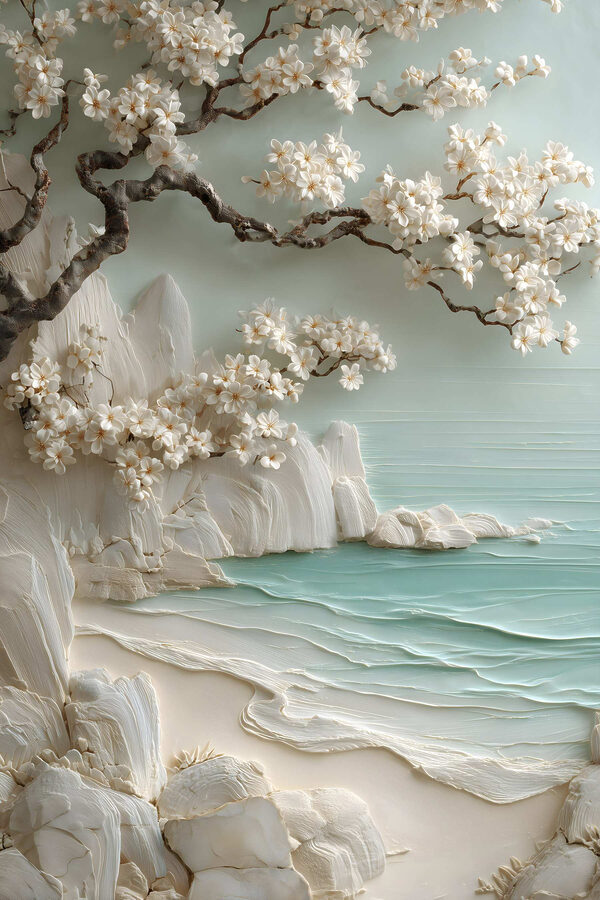 Painting of a beach with white flowers and a tree