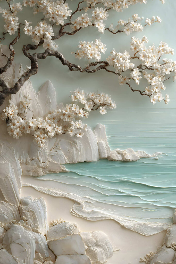 Painting of a beach with white flowers and a tree