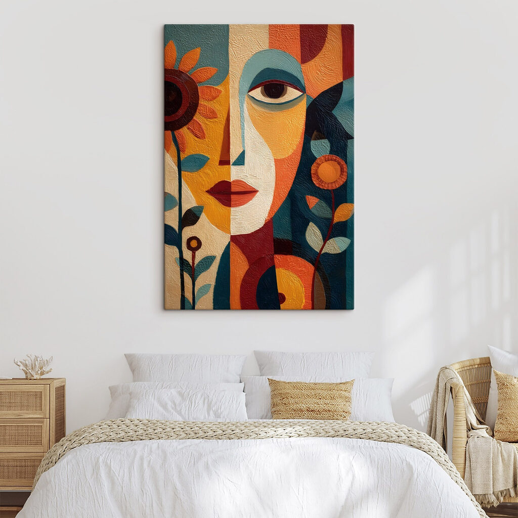 Painting of a woman's face and flowers