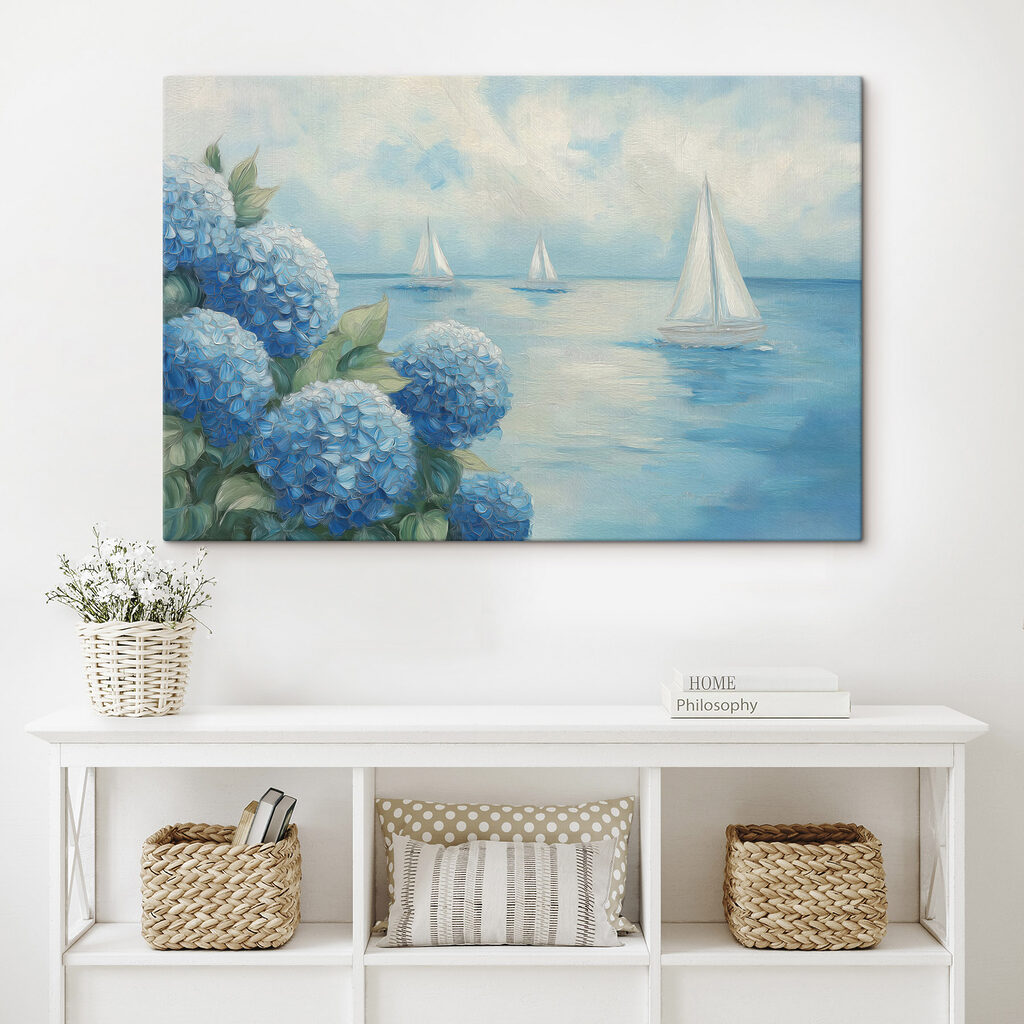 Painting of flowers and sailboats in the water