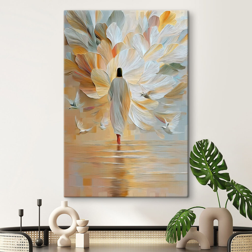 Person walking in the water with birds flying around