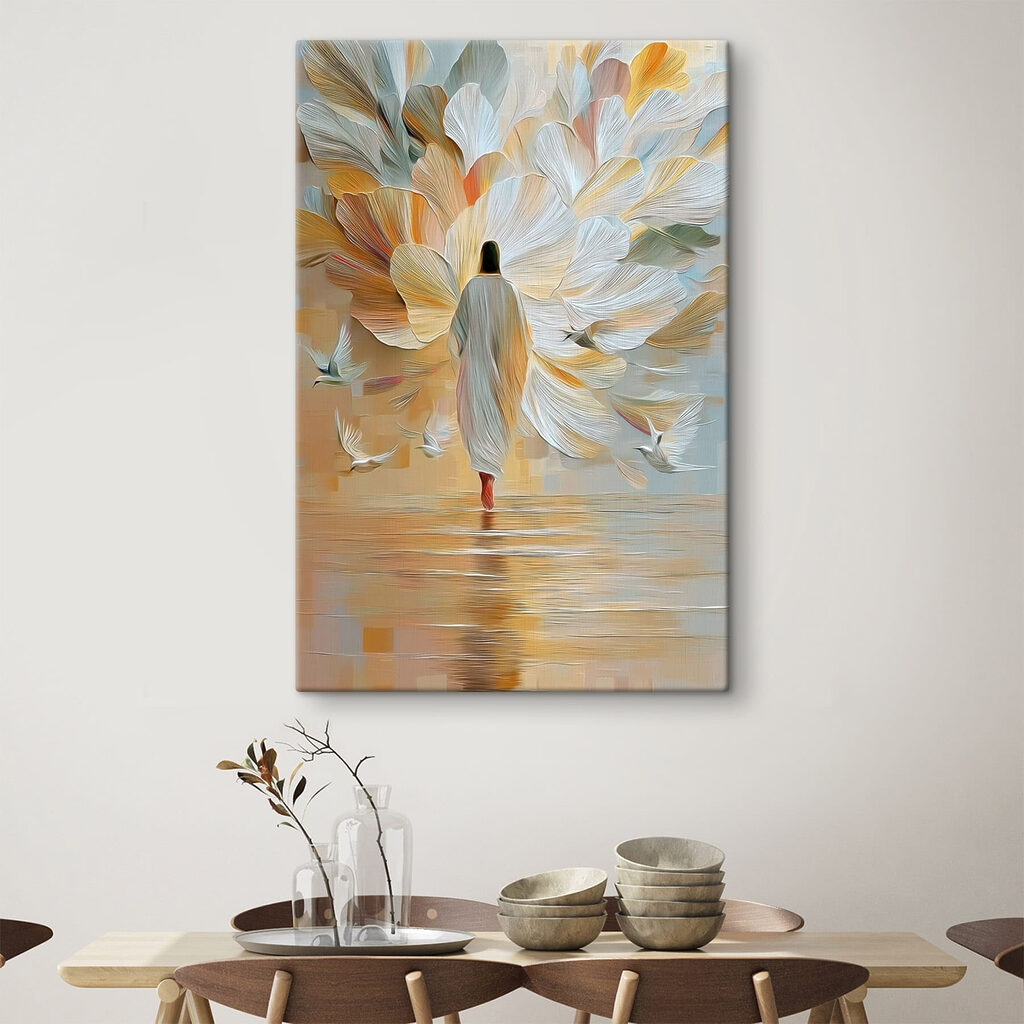 Person walking in the water with birds flying around