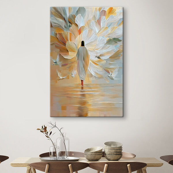 Person walking in the water with birds flying around