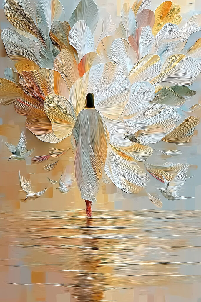 Person walking in the water with birds flying around
