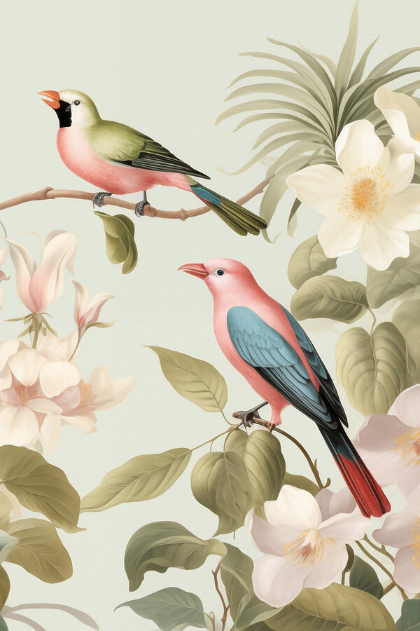 Couple of birds on a branch with flowers Couple of birds on a branch with flowers
