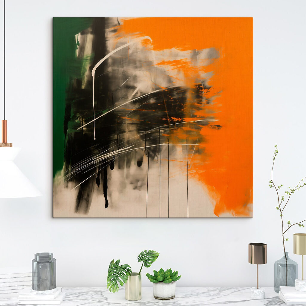 Painting of a green orange and black color Painting of a green orange and black color