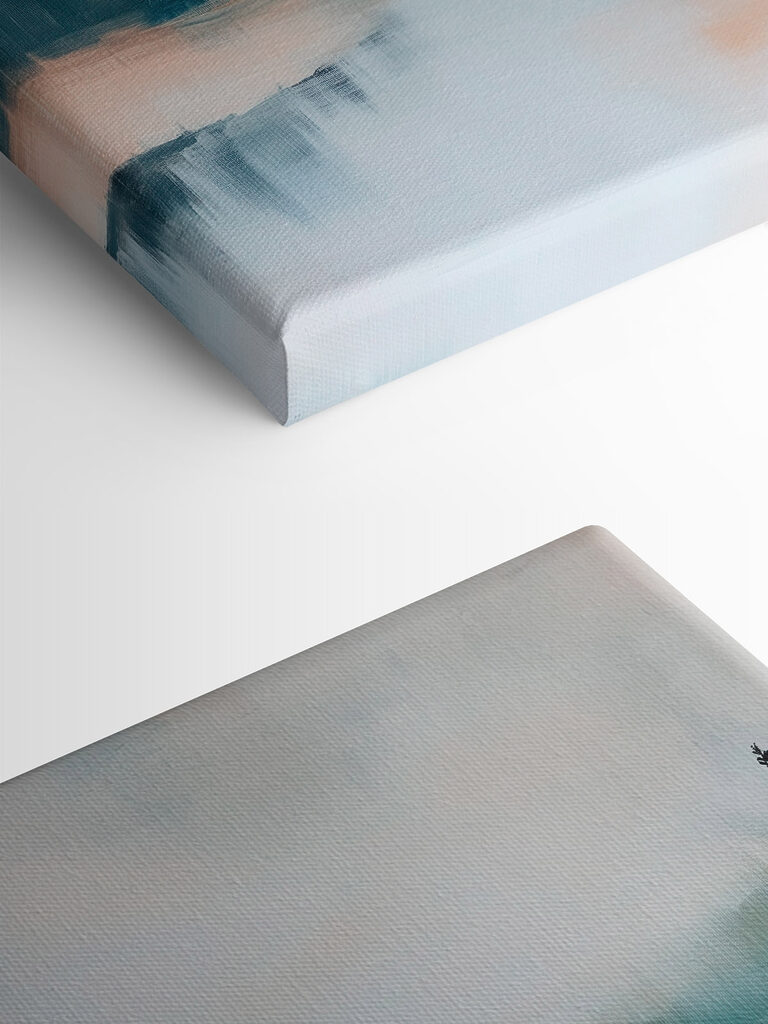 Painting of a river with trees and fog