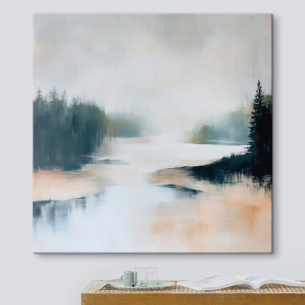 Painting of a river with trees and fog