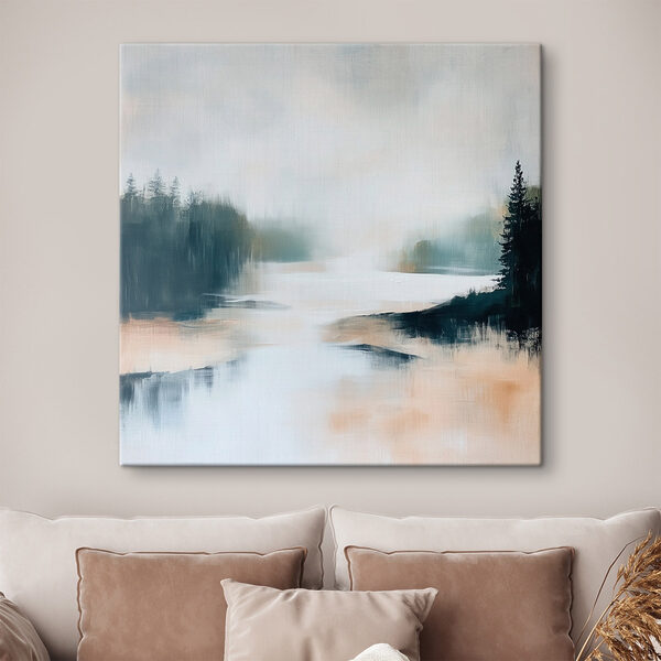 Painting of a river with trees and fog