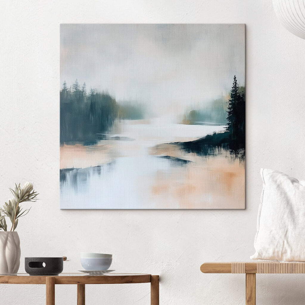 Painting of a river with trees and fog