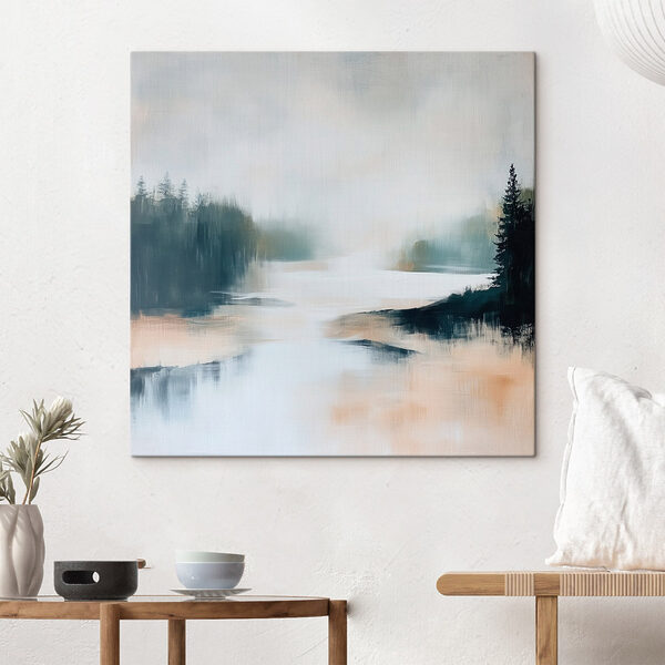 Painting of a river with trees and fog