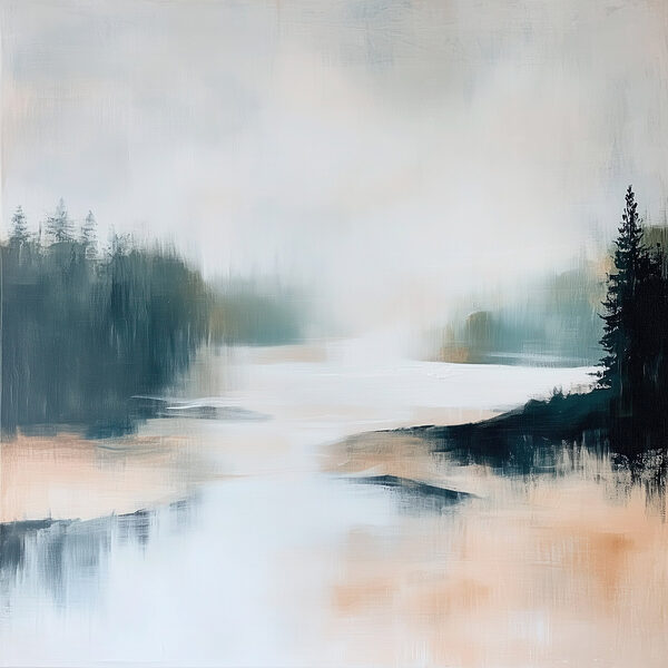 Painting of a river with trees and fog