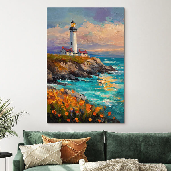 Painting of a lighthouse on a cliff by the ocean