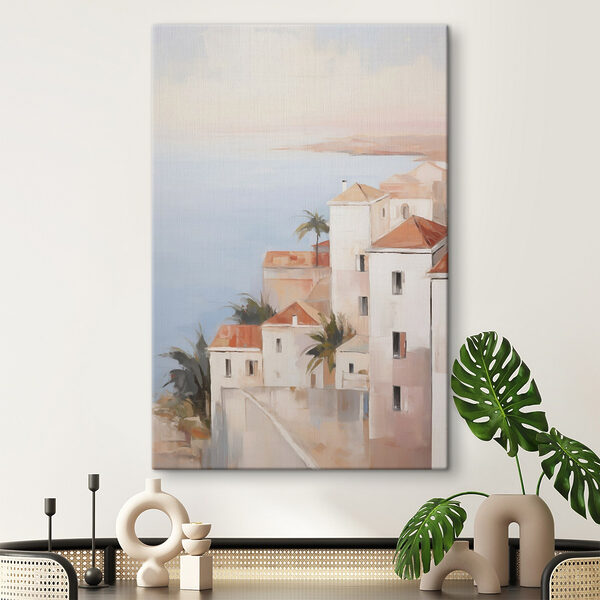 Painting of a group of buildings with palm trees