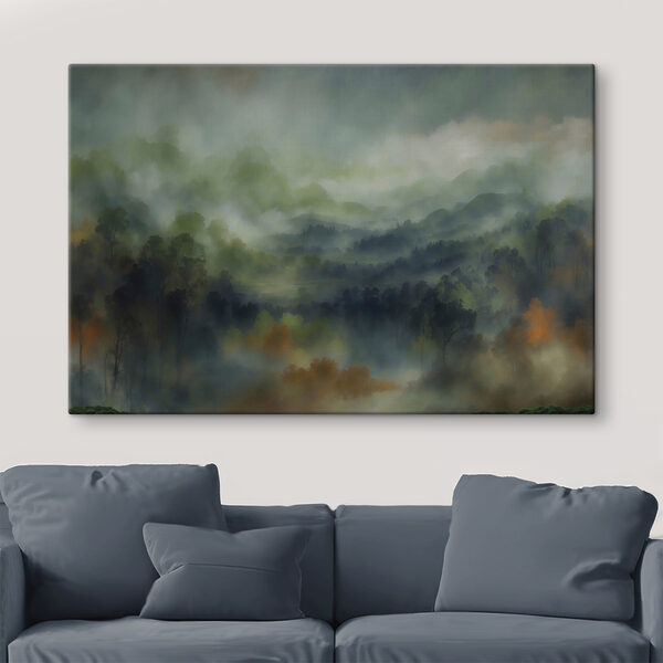 Foggy forest with trees and hills