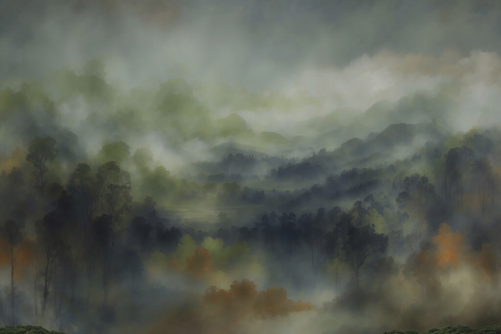 Foggy forest with trees and hills