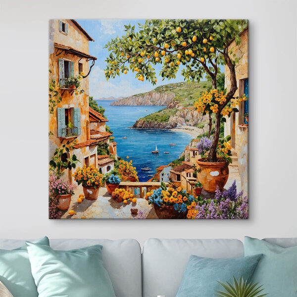 Painting of a town with a body of water and a bay
