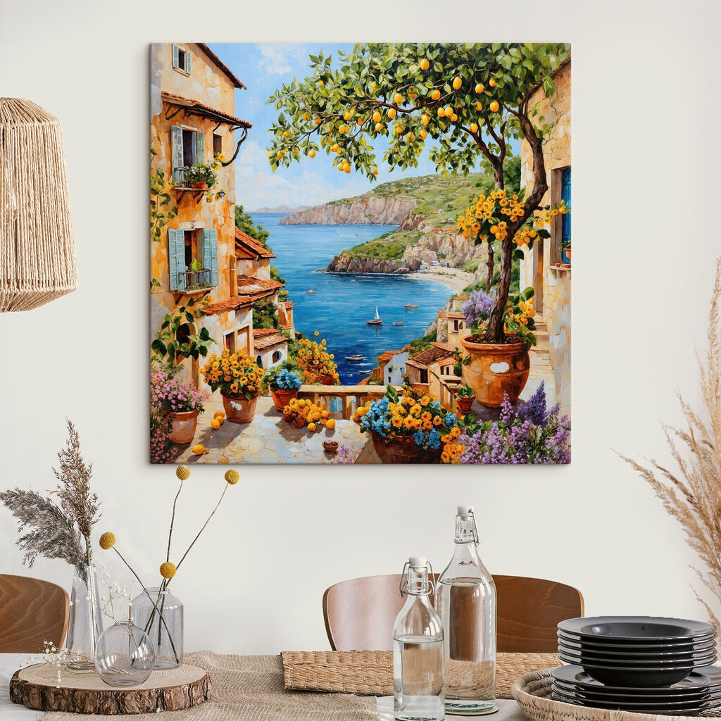 Painting of a town with a body of water and a bay