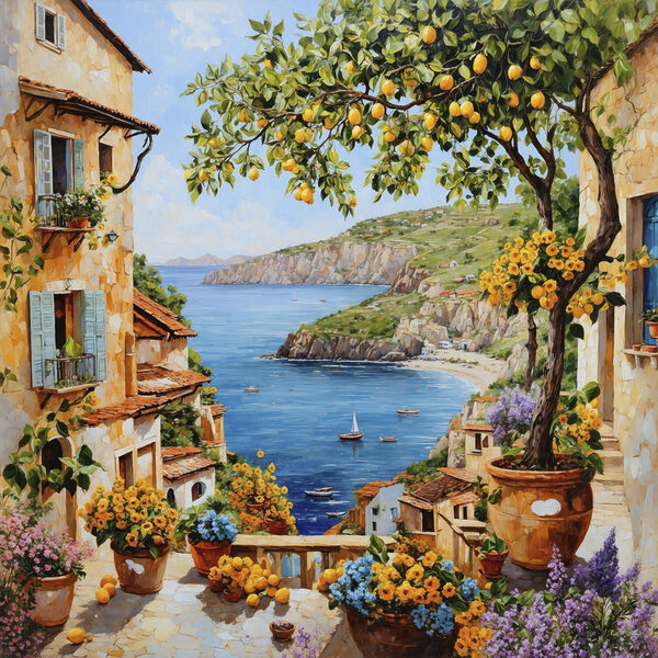 Painting of a town with a body of water and a bay