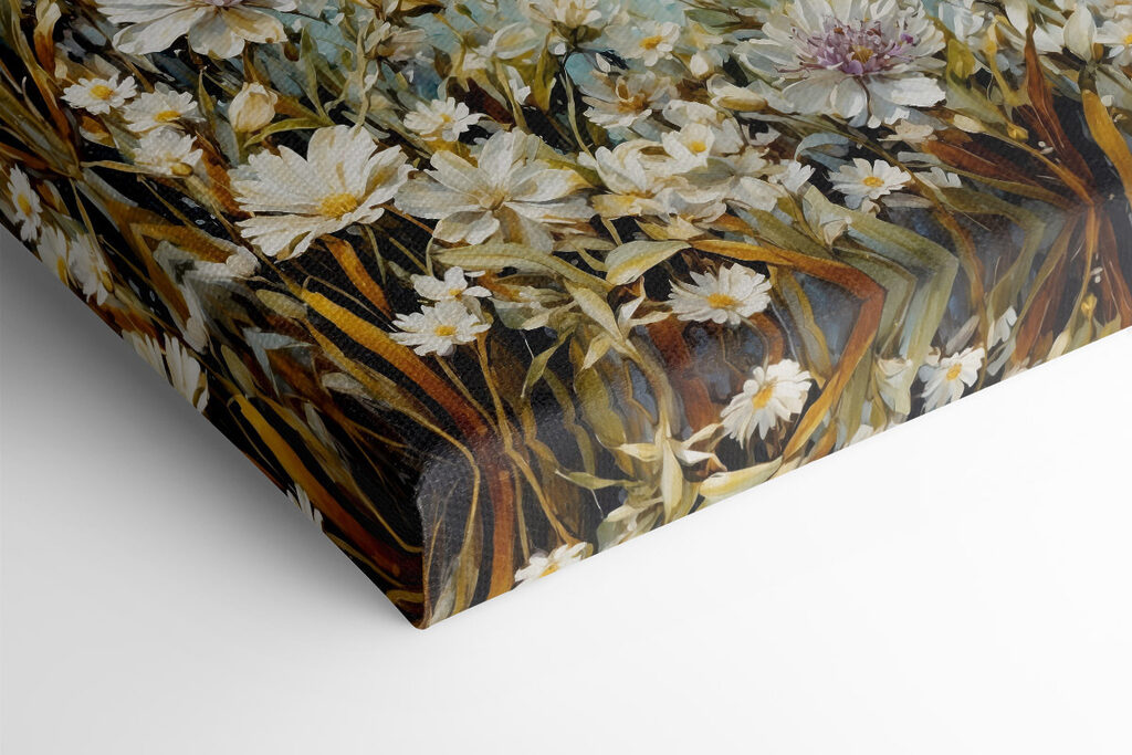 Painting of flowers and a body of water