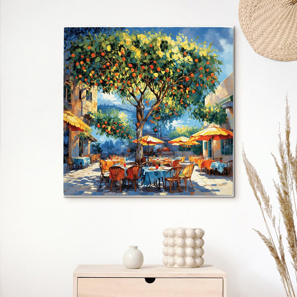 Painting of an orange tree with tables and chairs under an orange tree Painting of an orange tree with tables and chairs under an orange tree