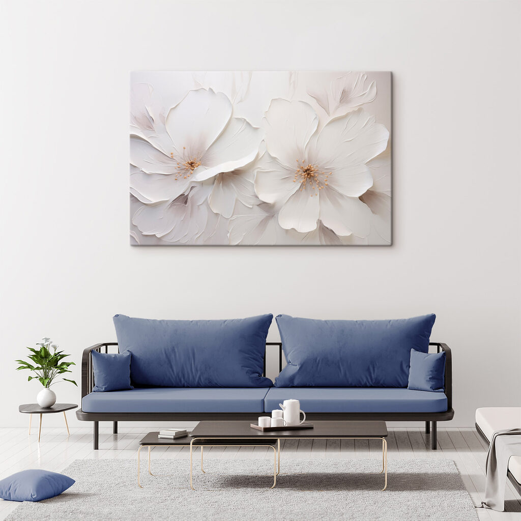 White flower art on a wall