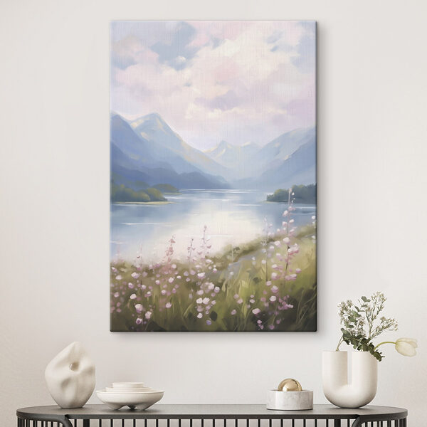 Painting of a lake and mountains Painting of a lake and mountains