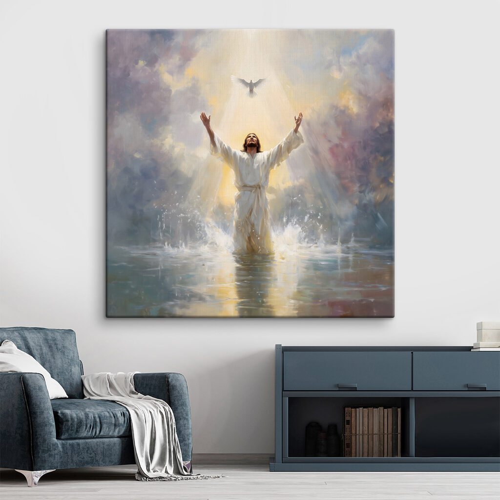 Man in white robe standing in water with arms outstretched Man in white robe standing in water with arms outstretched