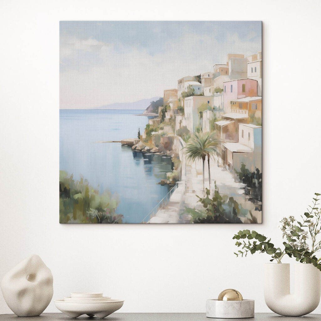 Watercolor painting of a town by the sea Watercolor painting of a town by the sea